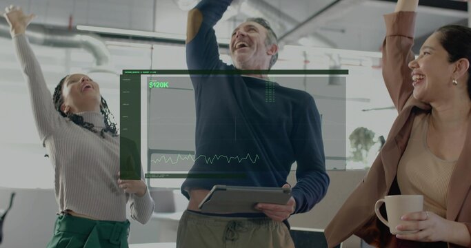 Celebrating trio raising arms laughing in office sweater tablet folio case white mug $120K chart