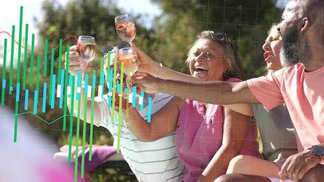 Friends sitting outdoors toasting rose glasses on cue, EQ overlay rising across torsos marketing