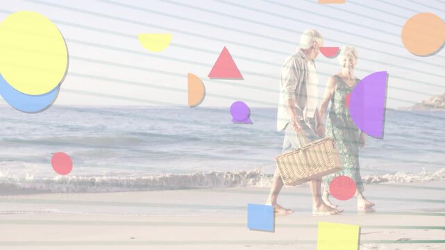 Senior couple starting picnic walk shore for design, diagonal teal stripes obscuring or revealing th