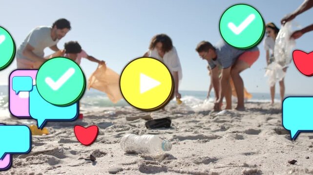 Team spotting litter, wading surf, picking bottle in orange bags for cleanup icons overlaying team