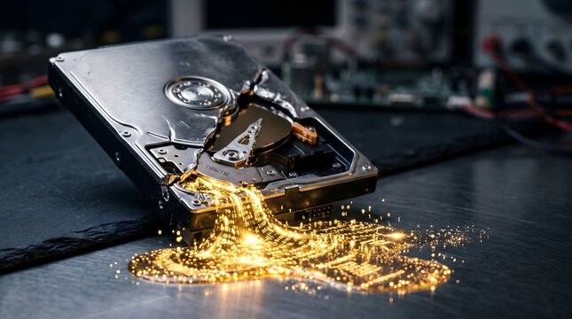 Conceptual image of a broken hard drive leaking glowing golden binary code data, symbolizing a major data breach or information loss in a technical environment.
