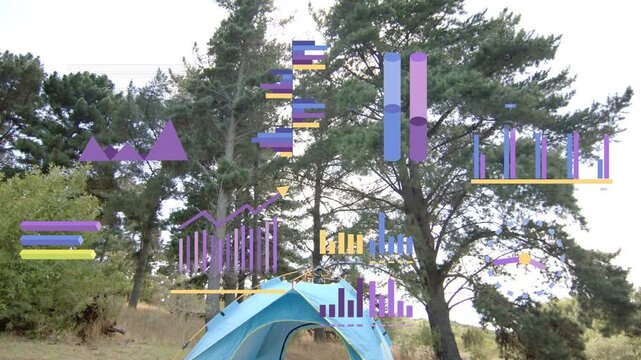 Translucent infographic overlays animating over blue tent after camera rising, showing camp stats