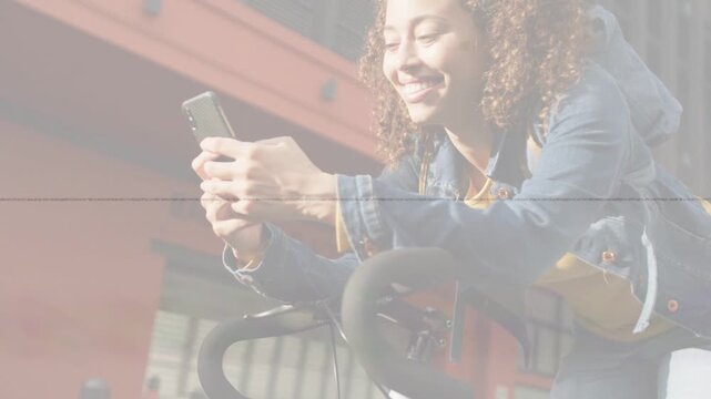 Woman starting holding phone, leaning on bike bars, checking messages, scanline band crossing, tech