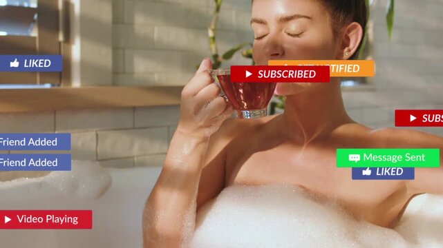 Woman reaching in bath and causing floating SUBSCRIBE badges around arm, sipping tea for marketing