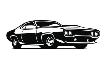 Fototapeta premium Vintage muscle car vector illustration, classic retro sports coupe silhouette, black and white automotive graphic for garage apparel and racing logos