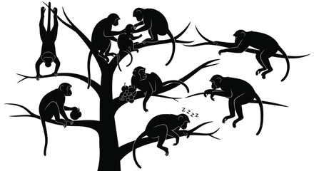 Monkeys playfully interacting on branches a striking black silhouette © adobeamena