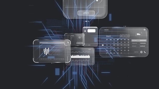 Central phone hub pulsing, spawning translucent UI cards on circuit traces, visualizing data flow