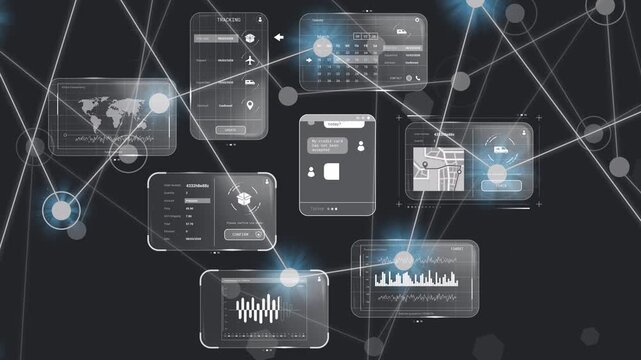 On circular nodes glowing, chat, map, calendar and graph linking, pulsing and showing data flow