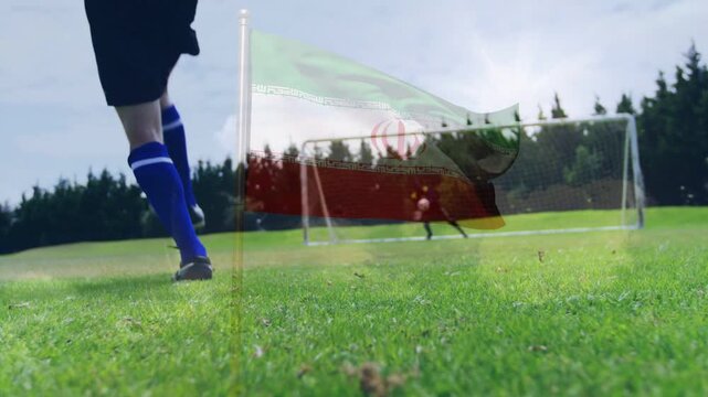 Soccer shooter17 running cleat tapping ball into net GK diving trying save flag overlaying players
