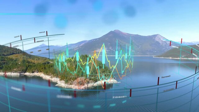 Grid lighting, causing holo overlay animating candles and line graphs above island, displaying data