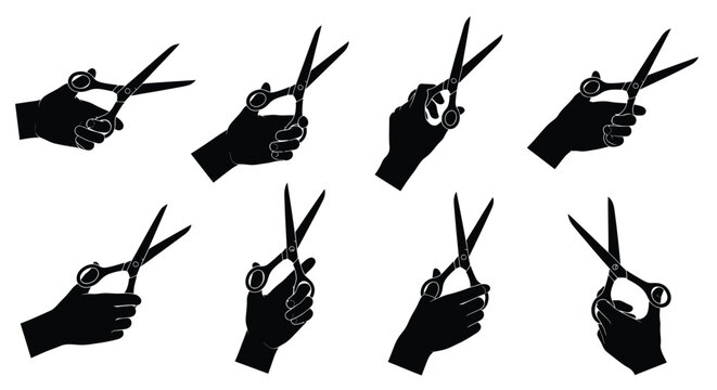 Multiple pairs of scissors held in hands stark black silhouette