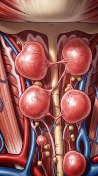 Detailed anatomical representation of enlarged lymph nodes in the human neck, revealing lymphatic system, major arteries, muscle tissue, reflecting infection, pathology, or immune response activity