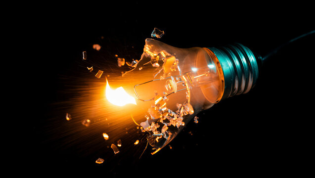 An old-fashioned filament light bulb dramatically exploding with a bright orange flash.