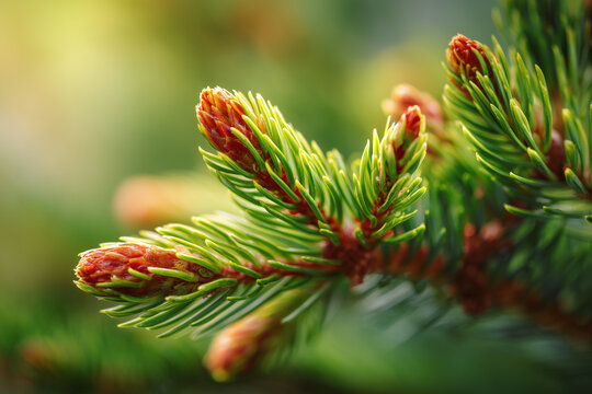 New growth tips on trees catching sunlight during spring, showing fresh greenery in the forest