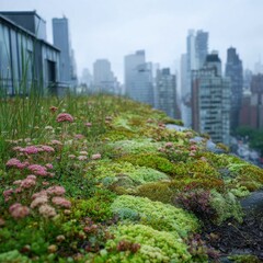 Obraz premium Eco-Friendly Architecture: Green Roof with Wildflowers and Moss Overlooking a Cityscape Under Soft Overcast Light