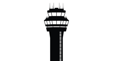 A stark black control tower stands prominently against a white background silhouette © adobeamena