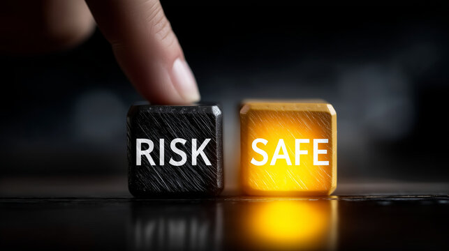 A cinematic composition showing a finger pressing toward a shadowy black block engraved with the word "RISK," while a bright illuminated block labeled "SAFE" sits nearby, glowing w