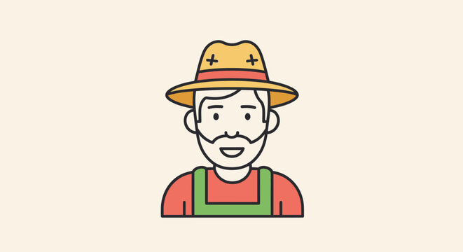 Illustrated farmer portrait with straw hat smiling on neutral background
