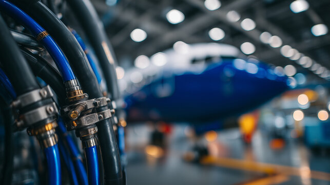 A close-up view of heavy-duty blue fuel pipes attached to an aircraft&acirc;s fueling port, intricate metal couplings and valves showing fine mechanical detail, the jet&acirc;s sleek fuselage