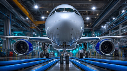 Fototapeta premium A wide-angle scene of a large passenger airplane undergoing refueling inside a contemporary hangar, vibrant blue hoses stretching across the floor to connect with the aircraft, met