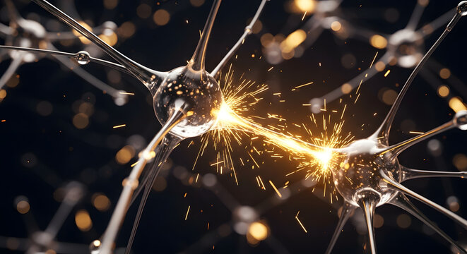 A futuristic neural network with glowing synapses made of liquid gold and glass connections, abstract AI brain activity, and digital communication against a dark background. AI generated.