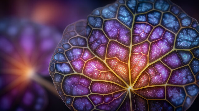 A close-up macro composition of a multicolored leaf surface, intricate vein structures forming a web-like pattern, illuminated with warm sunlight tones that reveal subtle cellular