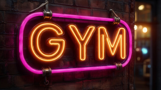 A retro-style neon "GYM" sign in warm orange and pink hues illuminating an old brick wall, the uneven textures catching and scattering the colored light, subtle shadows forming aro