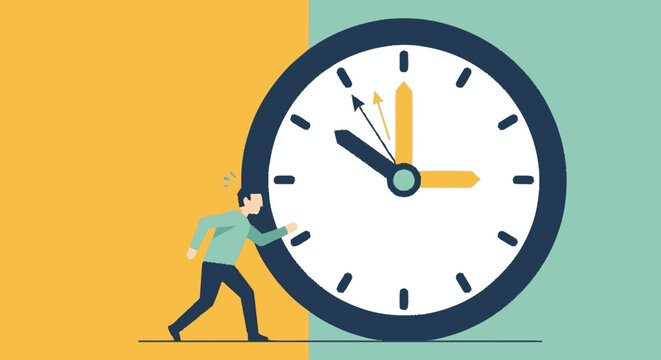 Businessman pushing giant clock representing time management and deadlines