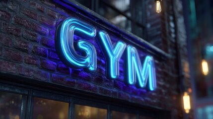 Obraz premium A bright electric blue neon gym sign mounted on a dark brick facade, the glowing letters sharply contrasting against the rugged masonry, soft atmospheric haze in the night air, mod