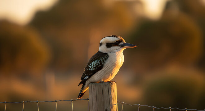A kookaburra perches on a fence post in a natural landscape.