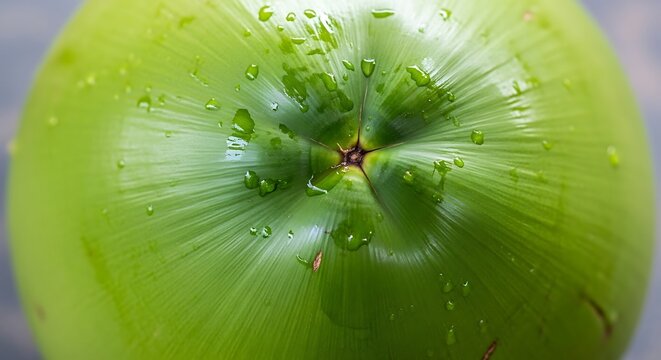 Fresh green coconut with water droplets on white background, close-up view