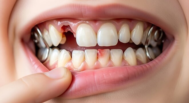 Close up of child's mouth showing missing tooth and dental appliance with visible gum irritation.