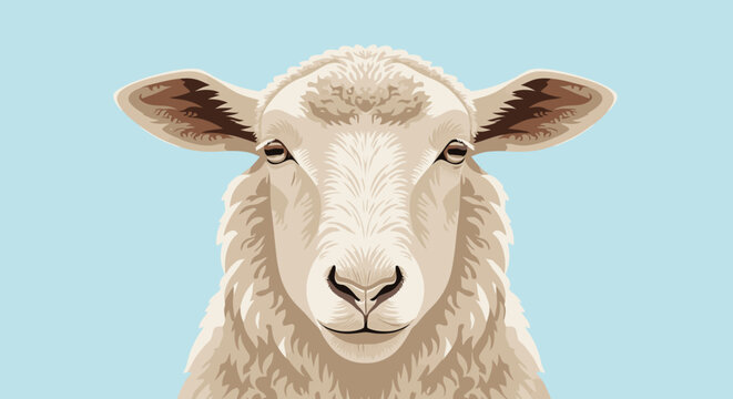 Close up illustration of a sheep head against a soft blue background