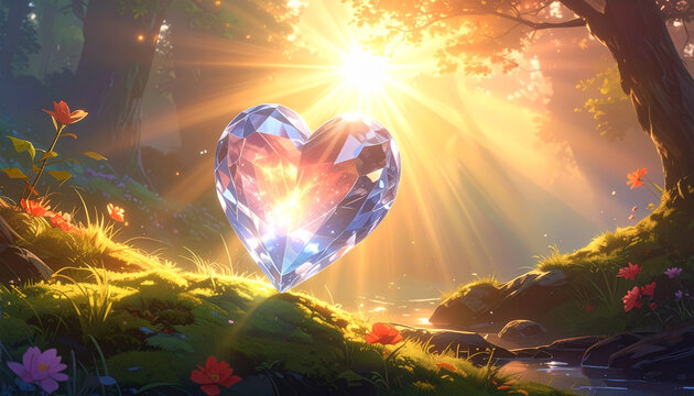 Diamond heart in forest sunlight landscape