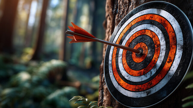 A dynamic perspective of an orange arrow landing perfectly in the bullseye of a vivid archery target mounted on a tree in a serene forest clearing, slight vibration in the target r