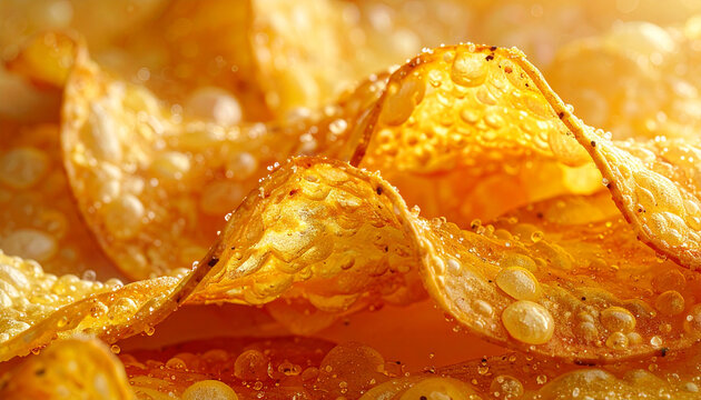 Crispy golden potato chips with water droplets