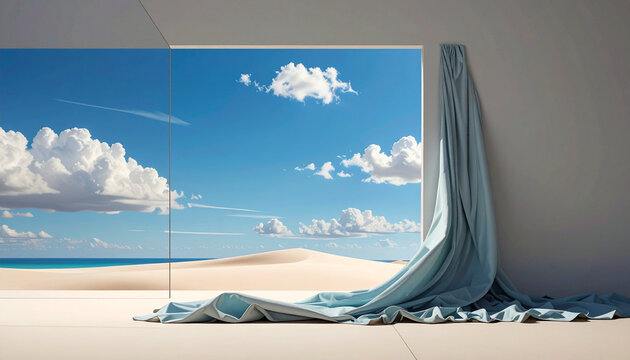 Desert dune scene view with blue sky and fabric