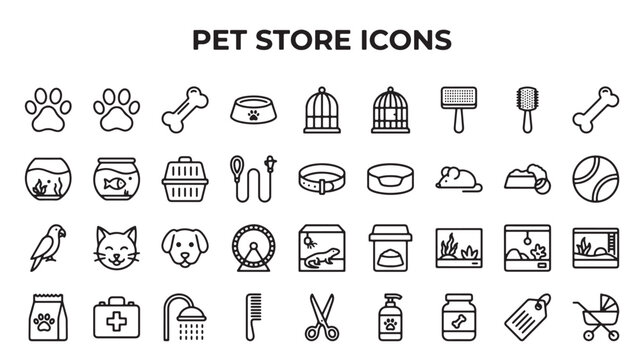 Pet store icons illustrate animal supplies including bowls, cages, grooming tools, and toys for care.