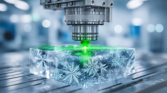 An ultra-close shot of a glowing green laser beam interacting with a crystal-clear ice block, the beam carving elegant spirals and fractal-like frost patterns as heat meets cold, m