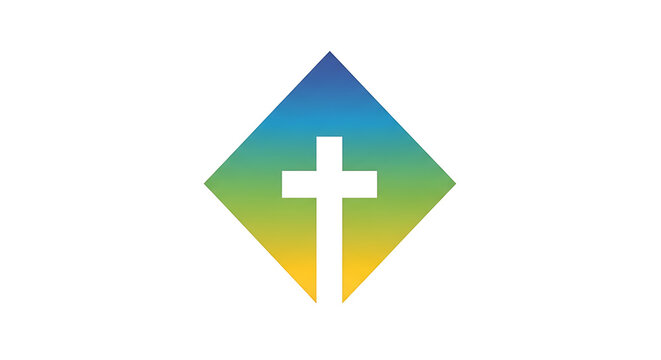 Geometric of a house with a cross symbol on a diamond shape, green and yellow colors