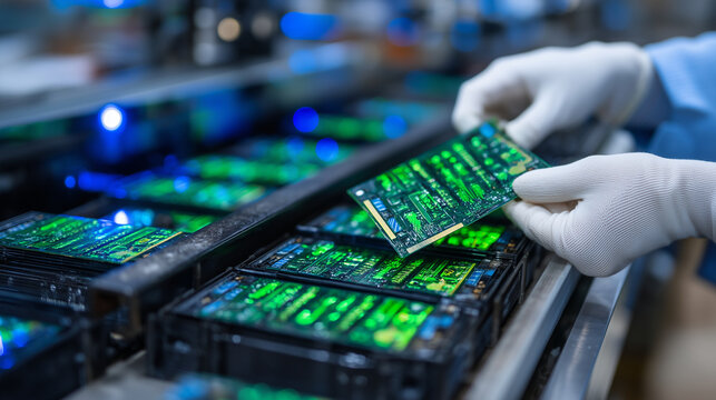A macro perspective of white-gloved hands sorting green printed circuit boards inside a clean industrial packaging station, intricate electronic pathways glowing under inspection l