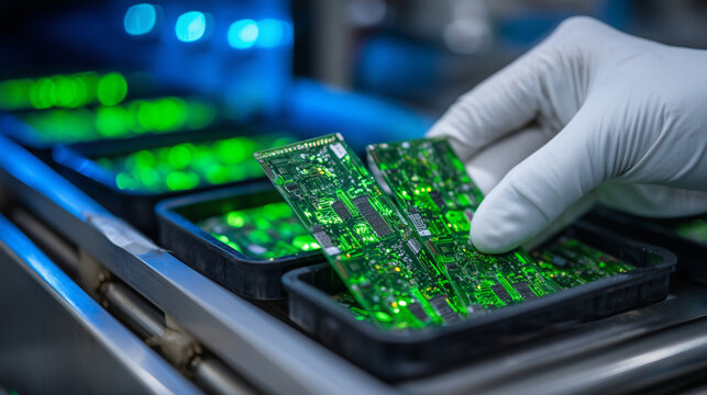 A macro perspective of white-gloved hands sorting green printed circuit boards inside a clean industrial packaging station, intricate electronic pathways glowing under inspection l