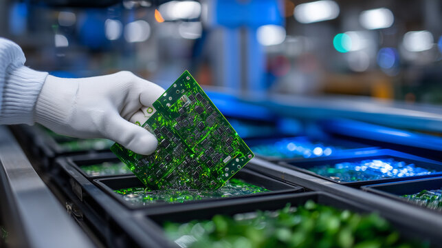 A macro perspective of white-gloved hands sorting green printed circuit boards inside a clean industrial packaging station, intricate electronic pathways glowing under inspection l