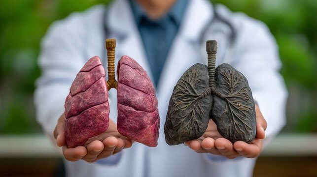 A realistic medical consultation scene where a doctor holds anatomical lung replicas, one vibrant and pink representing healthy tissue, the other dark, damaged, and hardened from s