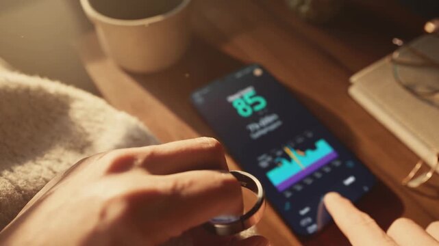 Smart ring and smartphone displaying health metrics