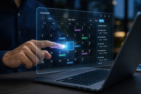 Person interacts with holographic calendar display on laptop at night in office setting with various events scheduled on May 2024