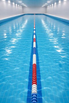 Indoor swimming pool with blue water and lane marker for competition sport training, aquatic fitness exercise for athlete, natatorium view