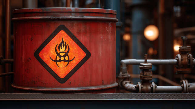 A detailed perspective of a red chemical tank with a glowing safety label indicating flammable contents, bold hazard symbol prominently centered, surrounding industrial warning sig