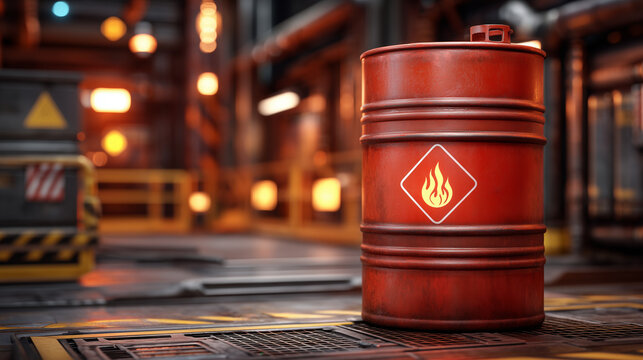 A hyper-realistic industrial safety scene showing a red chemical container labeled with a flammable hazard icon and danger warning label, positioned in a secured storage area with
