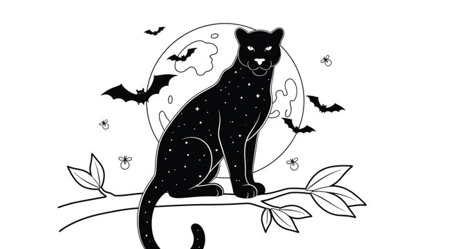 Black panther sitting on a tree branch with a full moon behind